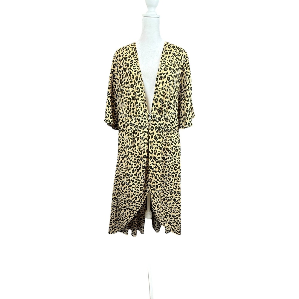 Torrid Kimono Duster Womens 0 Tan Leopard Print Smocked Back Short Sleeve Boho